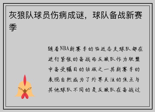 灰狼队球员伤病成谜，球队备战新赛季